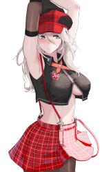 1girl alisa_ilinichina_amiella armpits arms_up bare_shoulders black_gloves black_pantyhose black_vest blue_eyes blush bracer breasts newsboy_cap closed_mouth commentary_request cowboy_shot crop_top cropped_vest elbow_gloves gloves god_eater god_eater_burst grey_hair hair_between_eyes hat highres hyoshiki large_breasts long_hair looking_at_viewer mirror_image navel nose_blush pantyhose plaid_clothes plaid_headwear plaid_skirt red_hat red_skirt sidelocks simple_background single_elbow_glove skirt solo standing stomach suspender_skirt suspenders suspenders_slip underboob vest white_background