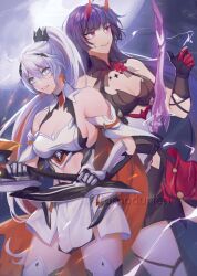 Rule 34 | 2girls, armor, armored dress, black dress, black gloves, blue eyes, breasts, cleavage, clothing cutout, commentary, cross, cross earrings, dress, earrings, english commentary, full body, gloves, highres, holding, holding sword, holding weapon, honkai (series), honkai impact 3rd, horns, jewelry, kiana kaslana, kiana kaslana (herrscher of flamescion), large breasts, multiple girls, parted lips, ponytail, purple eyes, purple hair, raiden mei, raiden mei (herrscher of thunder), red horns, smile, stomach cutout, sword, thighs, tomodurien, weapon, white background, white dress, white gloves
