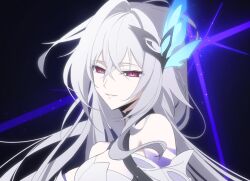1girl annlin bare_shoulders butterfly_hair_ornament genshin_impact grey_hair hair_between_eyes hair_ornament long_hair looking_at_viewer pink_eyes skirk_(genshin_impact) smile solo upper_body