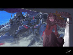 1girl dress drill_hair goggles goggles_on_head green_eyes i-iv_(longman) letterboxed long_hair maria_balthasar mecha ribbon robot seibzehn signature silver_hair wadatsumi_garland wreckage xenogears