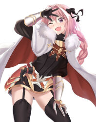 1boy arm_guards armor armored_gloves astolfo_(fate) black_bow black_thighhighs bottomless bow braid cloak crossdressing emblem fate/apocrypha fate/grand_order fate_(series) fur_trim hair_bow hair_intakes hand_on_own_leg hand_up highres la_black_luna multicolored_cloak multicolored_hair nemurinemuri no_panties pink_hair red_cloak streaked_hair thighhighs trap v white_background white_cloak white_hair zettai_ryouiki