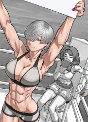 2girls abs annoyed armpits bob_cut boxing breasts grey_hair hair_over_one_eye highres large_breasts looking_at_viewer medium_hair multiple_girls muscular muscular_female original purple_nails red_eyes rggr short_hair shorts smirk sports_bra