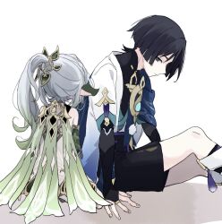 1boy 1girl aqua_gemstone aqua_kimono aqua_sleeves arm_at_side armlet armor armpit_crease bare_shoulders bell belt black_belt black_bodysuit black_eyes black_hair black_shorts blue_cape blunt_ends bodysuit bridal_gauntlets bright_pupils cape closed_mouth detached_sleeves dress eyeliner eyeshadow feathers fingernails fringe_trim gem genshin_impact gold gold_trim gradient_hair green_cape green_hair green_sleeves hair_ornament half_crown_braid han&#039;eri hand_on_ground head_down highres hirarinoie japanese_armor japanese_clothes jewelry kimono knees kote kurokote layered_clothes layered_kimono layered_sleeves leaf leaf_hair_ornament long_hair looking_at_another looking_down makeup mandarin_collar middle_ring multicolored_hair nahida_(genshin_impact) open_clothes open_hand open_kimono pointy_ears pom_pom_(clothes) purple_rope red_eyeliner red_eyeshadow rope scaramouche_(genshin_impact) short_sleeves shorts side_ponytail sidelocks sitting size_difference tassel vision_(genshin_impact) wanderer_(genshin_impact) white_background white_dress white_hair white_kimono white_pupils white_sleeves white_trim yellow_feathers