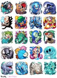 3girls absurdres akakieisu anger_vein arlownay arm_up beetle black_robe blue_dress blue_eyes blue_hair bow bowtie breasts bug casting_spell character_request closed_eyes closed_mouth cloud coconut colored_skin dark_king_of_the_abyss dinosaur dragon dress duel_monster dungeon_worm duoterion eyelashes full_body glowing glowing_eyes goddess_of_whim green_hair green_hat green_skin hat hercules_beetle hercules_beetle_(yu-gi-oh) highres holding holding_scythe hood hood_up hydrogeddon insect large_breasts marionette_mite monster_girl multiple_girls neo-spacian_glow_moss no_nipples no_pupils open_mouth orange_eyes oxygeddon palm_tree plant plant_girl plant_hair reaper_of_the_cards red_bow red_bowtie red_eyes robe scapegoat scythe shapesnatch sharp_teeth sideboob sido_(slipknot) simple_background skull_head smile smoke teeth thorns topless_female tree vines water_dragon_(yu-gi-oh) water_omotics white_background white_eyes worm yashinoki_(yugioh) yawning yellow_eyes yu-gi-oh!