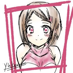 Rule 34 | 1girl, bare shoulders, breasts, brown hair, digimon, digimon adventure 02, pink eyes, pink shirt, shirt, short hair, simple background, solo, upper body, white background, yagami hikari, yukari (dg baby hazard)