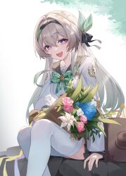 1girl absurdres amane_luna_(vtuber) black_bow black_hairband blue_pupils bouquet bow breasts brown_bag commentary feet_out_of_frame firefly_(honkai:_star_rail) flower gradient_hair green_hair grey_hair grey_sailor_collar grey_skirt hair_bow hair_intakes hairband highres honkai:_star_rail honkai_(series) jw_(wrdawrda) long_hair long_sleeves medium_breasts multicolored_hair official_alternate_costume open_mouth purple_eyes sailor_collar shirt sitting skirt smile solo symbol-only_commentary thighhighs thighs very_long_hair white_shirt white_thighhighs