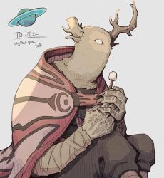 1other alien androgynous blank_eyes broken_horn brown_horns brown_pants cloak facing_viewer food grey_background holding holding_stick horns marshmallow no_mouth okajamira other_focus outer_wilds outer_wilds:_echoes_of_the_eye pants planet red_cloak signature simple_background sitting solo stick thank_you the_prisoner_(outer_wilds)