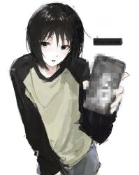 Rule 34 | 1girl, :o, black eyes, black hair, black sleeves, cellphone, censored, collarbone, denim, denim skirt, highres, holding, holding phone, long sleeves, looking at viewer, medium hair, mosaic censoring, nakahara misaki, nhk ni youkoso!, nikolvikoniko, phone, simple background, skirt, smartphone, solo, sweater, translation request, upper body, white background, yellow sweater
