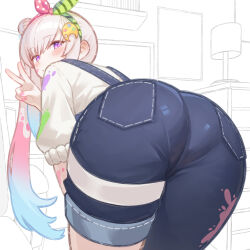 1girl absurdres airani_iofifteen airani_iofifteen_(1st_costume) ass ass_focus blue_overalls blush commentary english_commentary gradient_hair hair_bun hair_ornament hair_ribbon highres hololive hololive_indonesia long_hair looking_at_viewer merrytail multicolored_hair overalls paint_splatter pink_hair purple_eyes ribbon shirt solo v virtual_youtuber