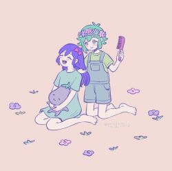 1boy 1girl :&gt; antenna_hair aubrey_(headspace)_(omori) aubrey_(omori) bare_shoulders basil_(headspace)_(omori) basil_(omori) blue_overalls blue_shirt blush brushing_another&#039;s_hair brushing_hair closed_mouth colored_skin flower green_eyes green_hair green_shirt hair_brush head_wreath highres holding holding_hair_brush holding_stuffed_toy kneeling long_shirt looking_at_another mr._plantegg_(omori) omori open_mouth overall_shorts overalls panyanonidaime purple_hair shirt short_hair short_sleeves sitting smile stuffed_eggplant stuffed_toy t-shirt teeth upper_teeth_only wariza white_skin