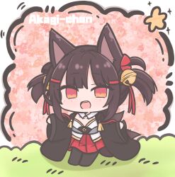 1girl akagi-chan_(azur_lane) animal_ears azur_lane bell black_kimono black_pantyhose brown_hair brown_tail character_name chibi chibi_only commentary fox_ears fox_girl fox_tail futaba_(anti_clockwise) hair_bell hair_ornament japanese_clothes kimono kitsune looking_at_viewer multiple_tails open_mouth pantyhose red_eyes red_skirt short_hair skirt solo symbol-only_commentary tail wide_sleeves