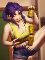 1girl :q absurdres balancing balancing_on_leg bare_shoulders barefoot beer_can belt blue_shorts blurry blurry_background breasts brown-eared_bulbul brown_belt can cleavage closed_mouth collarbone commentary cowboy_shot drink_can english_commentary fingernails highres holding holding_can indoors katsuragi_misato leg_up light_particles long_hair looking_at_object medium_breasts midriff navel neon_genesis_evangelion numanoan one_eye_closed ponytail purple_hair shorts sidelocks solo standing standing_on_one_leg tank_top toenails toes tongue tongue_out yebisu yellow_tank_top