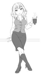 1girl against_railing alternate_costume breasts coffee colorado_(kancolle) commentary_request dress_shirt full_body greyscale kantai_collection medium_breasts monochrome office_lady pencil_skirt railing shirt short_hair skirt smile socks solo tamu_(mad_works) vest