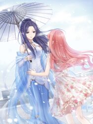 2girls artist_request bare_arms bare_legs bare_shoulders blue_skirt blue_sky blue_sleeves breath bridal_gauntlets brown_eyes china_dress chinese_clothes chinese_hairpin cleavage_cutout clothing_cutout cloud collared_dress cowboy_shot day detached_sleeves diamond_cutout dot_nose dress eye_contact face-to-face feet_out_of_frame fingernails floating_hair floral_print frilled_dress frills from_behind game_cg grey_eyes hagoromo happy height_difference high_collar high_ponytail highres holding holding_umbrella long_hair long_skirt long_sleeves looking_at_another lunar_(miracle_nikki) miracle_nikki multiple_girls nikki_(nikki) nikki_(series) official_art oil-paper_umbrella open_mouth outdoors pink_hair pleated_dress pleated_skirt pointy_nose ponytail purple_hair river rose_print see-through_clothes see-through_sleeves shawl short_dress sidelocks sidewalk skirt skirt_under_dress sky sleeveless sleeveless_dress smile snow standing surprised third-party_source umbrella umbrella_over_shoulder wavy_hair white_bridal_gauntlets white_dress white_umbrella wide_sleeves wind winter