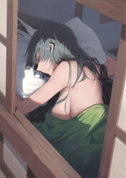 1girl absurdres animal_ears bed black_hair breasts closed_eyes closed_mouth commentary english_commentary fox_ears fox_girl from_outside highres hoshimi_miyabi hwan_(verypoor) indoors large_breasts long_hair lying nude on_stomach open_window pillow sleeping solo under_covers window zenless_zone_zero