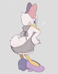 1girl back bird bow daisy_duck disney duck duck_girl full_body hair_bow high_heels kiri_futoshi meme_attire mickey_mouse_&amp;_friends puffy_sleeves purple_footwear shirt short_sleeves simple_background smile solo virgin_killer_sweater white_background