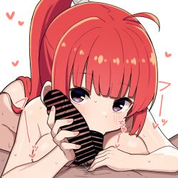 1boy 1girl ahoge areola_slip blush breasts completely_nude handjob heart hetero highres large_breasts looking_at_viewer nude oral original ponytail pov purple_eyes red_hair rotatwo simple_background solo_focus testicle_sucking white_background