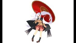 1girl absurdres black_cape black_socks breasts brown_jacket brown_shoes cape eyepatch highres holding holding_umbrella jacket large_breasts long_hair long_sleeves necktie non-web_source official_art oil-paper_umbrella pillarboxed red_eyes red_necktie red_skirt senran_kagura senran_kagura_burst shoes shuriken_hair_ornament skirt socks solo umbrella white_background white_hair yaegashi_nan yagyu_(senran_kagura)