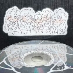 5girls :3 absurdres animification blush cd chibi chinese_commentary crossed_arms everyone hair_behind_ear headset heart highres hong_eun-chae huh_yun-jin ink_(medium) jacket k-pop kim_chae-won kimyak le_sserafim long_hair looking_at_viewer miyawaki_sakura multiple_girls nakamura_kazuha pants photo_(medium) photoshop_(medium) real_life reflection tiles traditional_media v