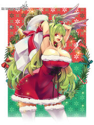 :d ahoge armband armpits bell blush bow bowtie breasts candy candy_cane christmas christmas_ornaments christmas_wreath cleavage corset dress food fur-trimmed_dress fur-trimmed_thighhighs fur_trim gloves green_background green_hair hat head_wings highres holding holding_sack holly huge_breasts long_hair mini_hat mini_santa_hat neck_bell open_mouth original pixiv_id pixiv_username red_armband red_background red_bow red_bowtie red_corset red_dress red_eyes red_gloves red_ribbon ribbon sack santa_costume santa_dress santa_hat shiny_skin smile snowflake_background snowflakes sparkle teeth thighhighs tongue twitter_username two-tone_background umigarasu_(kitsune1963) upper_teeth_only very_long_hair white_thighhighs wings wreath