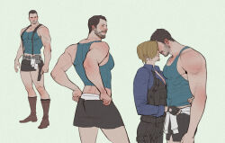 Rule 34 | 2boys, bara, black gloves, black hair, black pants, black skirt, blue shirt, blue tank top, boots, brown hair, bulletproof vest, chris redfield, cosplay, facial hair, fingerless gloves, gloves, gun, highres, holding, holding gun, holding weapon, jill valentine, jill valentine (cosplay), large pectorals, leon s. kennedy, male focus, multiple boys, muscular, muscular male, pants, pectorals, resident evil, resident evil 6, sgl08, shirt, short hair, skirt, smile, tank top, weapon, yaoi