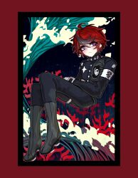 1boy ahoge blue_eyes boots brown_boots eyeshadow frown full_body gakuran highres hole_in_chest hole_on_body kurapixel last_defense_academy_school_uniform looking_to_the_side makeup male_focus multicolored_hair red_eyeshadow red_hair school_uniform short_hair solo streaked_hair the_hundred_line_-last_defense_academy-