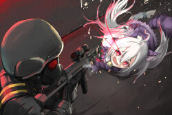 animal_ears ankle_cuffs azur_lane bullet commission fake_animal_ears fang firing gas_mask gun helmet highres holding holding_gun holding_weapon hunk_(resident_evil) long_hair mask miller_(azur_lane) miller_(monster_experiment_m-01)_(azur_lane) official_alternate_costume pixiv_commission purple_skirt red_eyes resident_evil resident_evil_(movie) resident_evil_2 skin_fang skirt twintails weapon white_hair zafuri_(yzrnegy)