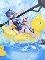 1girl arknights arm_up black_hair black_shorts blue_eyes breasts commentary_request duck_innertube full_body haorenai highres knee_up la_pluma_(arknights) long_hair partial_commentary rubber_duck sandals short_sleeves shorts solo thigh_strap water weapon