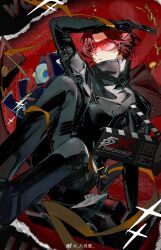 1boy animal arm_support belt bird black_coat black_gloves black_pants byuey clapperboard clothed_animal coat coin feet_out_of_frame gloves gun hand_up handgun high_collar highres holding holding_gun holding_weapon kamina_shades long_sleeves looking_at_viewer looking_down luffel_(p5x) male_focus owl pants parted_bangs parted_lips persona persona_5 persona_5:_the_phantom_x red-tinted_eyewear red_background red_eyes red_hair short_hair sitting tinted_eyewear watermark weapon weibo_watermark wonder_(p5x) yellow_belt