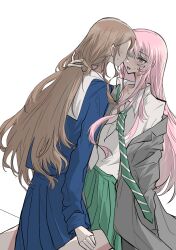 Rule 34 | 2girls, 4711 (xx), absurdres, bang dream!, bang dream! it&#039;s mygo!!!!!, between legs, blue shirt, blue skirt, blush, brown hair, chihaya anon, collared shirt, commentary, green necktie, green skirt, grey eyes, grey jacket, hand in another&#039;s hair, haneoka school uniform, highres, jacket, lipstick, long hair, makeup, multiple girls, nagasaki soyo, necktie, open mouth, pink hair, pleated skirt, school uniform, shirt, simple background, skirt, smeared lipstick, sweat, tsukinomori school uniform, white background, white shirt, yuri
