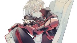 Rule 34 | 1boy, animal, black horns, black jacket, black pants, black sheep, book, chair, closed eyes, closed mouth, comfydant (fulgur ovid), commentary, cyborg, facial mark, from side, fulgur ovid, fulgur ovid (1st costume), hakuku, hashtag-only commentary, highres, holding, holding animal, holding book, horns, jacket, light particles, light smile, male focus, mechanical arms, multicolored pants, nijisanji, nijisanji en, on chair, open book, open clothes, open jacket, pants, popped collar, sheep, shirt, short hair, simple background, sitting, solo, swivel chair, symbol-only commentary, the end (phrase), three quarter view, u u, very short hair, virtual youtuber, white background, white hair, white shirt
