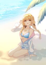 1girl absurdres arm_support bare_legs beach bikini black_bow blonde_hair blue_bikini blush bow braid breasts cleavage collarbone commentary_request fujita_kotone gakuen_idolmaster hair_bow highres idolmaster jacket jacket_partially_removed long_hair looking_at_viewer on_ground outdoors palm_leaf sitting smile solo swimsuit twin_braids twitter_username two-sided_fabric two-sided_jacket white_jacket ximilulu yellow_eyes yokozuwari