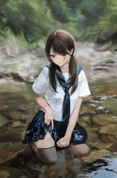 1girl absurdres black_thighhighs blue_neckerchief blue_sailor_collar blue_skirt blush breasts brown_eyes brown_hair closed_mouth clothes_lift commentary english_commentary full_body hair_over_breasts hair_over_one_eye highres holding holding_unworn_clothes in_water long_hair looking_down lunia neckerchief necktie original photo-referenced reflection reflective_water ripples riverbank sailor_collar school_uniform seiza shirt short_sleeves sitting skirt skirt_lift small_breasts solo stone stream striped thighhighs twintails water wet wet_clothes white_shirt