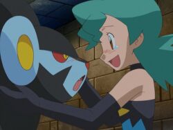 Rule 34 | 1girl, aged down, bare shoulders, blush, crying, gen 4 pokemon, gloves, green hair, jenny (pokemon), long glove, luxray, marble (pokemon), nintendo, official alternate costume, orange eyes, pokemon, pokemon (anime), pokemon dp059, pokemon dppt (anime), spandex