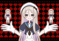 3girls black_neckerchief blue_eyes blue_jacket blue_sailor_collar checkered_background chibi daichi_(daiti1318) dress full_body gloves grey_hair hat highres jacket janus_(kancolle) javelin_(kancolle) jervis_(kancolle) kantai_collection long_hair looking_at_viewer loose_hair_strand multiple_girls neckerchief sailor_collar sailor_dress sailor_hat short_sleeves standing upper_body white_dress white_gloves white_hat