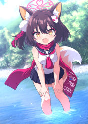 1girl animal_ear_fluff animal_ears black_hair black_skirt blue_archive breasts commentary_request eyeshadow fang forest fox_ears fox_girl fox_hair_ornament fox_tail fukamiki_kei hair_ornament halo highres izuna_(blue_archive) leaning_forward looking_at_viewer makeup medium_breasts miniskirt nature one_side_up open_mouth outdoors pink_eyeshadow pink_halo pink_scarf pleated_skirt pom_pom_(clothes) pom_pom_hair_ornament river scarf short_hair skin_fang skirt sleeveless solo tail wading yellow_eyes