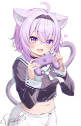 Rule 34 | 1girl, :3, :d, ahoge, animal collar, animal ear fluff, animal ears, black collar, black hairband, buttons, cat ears, cat girl, cat tail, collar, commentary request, controller, cropped shirt, crossed bangs, double-breasted, double-parted bangs, fang, game controller, hair between eyes, hairband, heart, highres, holding, holding controller, holding game controller, hololive, long sleeves, looking at viewer, messy hair, midriff, navel, neckerchief, nekomata okayu, nekomata okayu (casual), official alternate costume, open mouth, purple eyes, purple hair, purple shirt, sailor collar, sailor shirt, school uniform, serafuku, shirt, short hair, shorts, simple background, sleeve cuffs, smile, solo, tail, torakichi 888, virtual youtuber, white background, white neckerchief, white sailor collar, white shorts