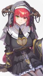 1girl black_dress breasts brown_gloves cleavage cleavage_cutout clothing_cutout detached_sleeves dress earrings frilled_skirt frills garter_straps gloves habit hand_up heterochromia highres hololive horns houshou_marine houshou_marine_(ahoy!!_you&#039;re_all_pirates) jewelry juliet_sleeves large_breasts long_hair long_sleeves necklace puffy_sleeves red_eyes red_hair reulem sitting skirt smile solo two-tone_dress virtual_youtuber white_skirt yellow_eyes