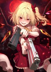 1girl ascot blonde_hair blood devil_may_cry_(series) dress dual_wielding ebony_&amp;_ivory evil_grin evil_smile flandre_scarlet greenkohgen grin gun handgun highres holding moon red_dress red_eyes red_moon red_sky sky smile smoke smoking_barrel solo touhou weapon yellow_ascot