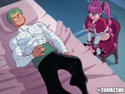 1boy 1girl animated anus audible_speech back bare_shoulders blood book breasts bulge censored chair closed_eyes earrings english_audio erection erection_under_clothes fellatio hetero jewelry lips medium_breasts monkey no_panties nude one_piece oral penis perona pink_hair pussy roronoa_zoro sex sitting skirt sound suoiresnu sword tagme tree twintails vaginal video violence weapon
