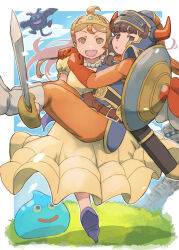 Rule 34 | 1boy, 1girl, absurdres, blonde hair, blue helmet, brown eyes, brown hair, carrying, dracky, dragon quest, dragon quest i, dress, golem (dragon quest), helmet, hero (dq1), highres, holding, holding sword, holding weapon, k katora, open mouth, orange pants, outdoors, pants, princess carry, princess laura, shield, slime (dragon quest), sword, tiara, weapon, yellow dress