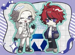Rule 34 | 2boys, ahoge, aotsuki eito, black gloves, black pants, black shoes, black streaks, blue eyes, blue jacket, border, chibi, chibi only, glasses, gloves, green outline, grey background, grey hair, grey jacket, grid background, hands in pockets, highres, hood, hoodie, jacket, jacket over hoodie, looking at viewer, male focus, multicolored hair, multicolored jacket, multiple boys, open clothes, open jacket, outline, pants, purple border, red hair, shoes, short hair, smile, sparrowhabird, streaked hair, sumino takumi, the hundred line -last defense academy-, two-tone jacket, waving, white hoodie, white jacket, white pants, white shoes