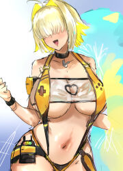 Rule 34 | 1girl, ahoge, blonde hair, blush, breasts, clothing cutout, dizuit plus, elegg (boom and shock) (nikke), elegg (nikke), goddess of victory: nikke, hair intakes, hair over eyes, heart, heart cutout, large breasts, long bangs, looking at viewer, multicolored hair, navel, open mouth, shiny skin, short hair, sketch, slingshot swimsuit, smile, solo, standing, swim ring, swimsuit, thigh strap, two-tone hair, underboob, yellow slingshot swimsuit