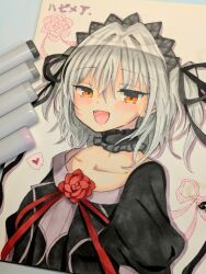 Rule 34 | 1girl, :d, art tools in frame, black choker, black dress, black hairband, black ribbon, blush, choker, collarbone, commentary request, copyright name, dress, dress flower, drop shadow, erika akai, fang, flower, frilled choker, frills, gothic lolita, hair between eyes, hair intakes, hair ribbon, hairband, heart, highres, juliet sleeves, lolita fashion, long ribbon, long sleeves, looking at viewer, medium hair, naitou maia, open mouth, orange eyes, photo (medium), puffy sleeves, purple software, red flower, red rose, ribbon, rose, simple background, smile, solo, speech bubble, spoken heart, traditional media, two side up, upper body, white background