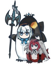 baobhan_sith_(fate) fate/grand_order fate_(series) hair_between_eyes highres long_hair looking_at_viewer morgan_le_fay_(fate) mother_and_daughter multiple_girls polearm red_hair ringozuki simple_background smile spear weapon white_hair