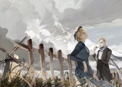 1boy 1girl axis_powers_hetalia blonde_hair cloud cloudy_sky day dress fence france_(female)_(hetalia) france_(hetalia) genderswap genderswap_(mtf) grass green_eyes grey_sky hair_slicked_back hat highres holding holding_smoking_pipe jacket long_sleeves musan312 netherlands_(hetalia) outdoors pants purple_eyes scar scar_on_face scar_on_forehead scarf shirt short_hair sky smoking_pipe spiked_hair windmill