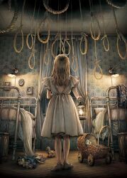 1girl backless_dress backless_outfit bare_back bed child commentary_request curtains doll dress from_behind full_body highres holding holding_lantern horror_(theme) indoors kobone_awaki lamp lantern light_brown_hair long_hair looking_up noose original photo_(object) pillow rope solo stroller stuffed_animal stuffed_rabbit stuffed_toy toy toy_horse wall_lamp window wooden_floor