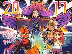 2017 4boys :3 bad_id bad_pixiv_id battle_tendency blood blood_on_hands chocoblood crop_top dark-skinned_male dark_skin earrings esidisi facial_mark feather_hair food fruit hagoita happy_new_year harpy_boy japanese_clothes jewelry jojo_no_kimyou_na_bouken kagami_mochi kars_(jojo) kimono mandarin_orange midriff monster_boy multiple_boys new_year paddle purple_hair red_hair red_scarf santana_(jojo) scarf turban wamuu white_hair