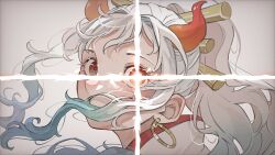 Rule 34 | 1girl, aqua hair, close-up, commentary request, earrings, eyelashes, floating hair, hair ornament, horns, japanese clothes, jewelry, kimono, looking back, one piece, orange eyes, ponytail, sidelocks, solo, u mi031, white background, white hair, white kimono, yamato (one piece)