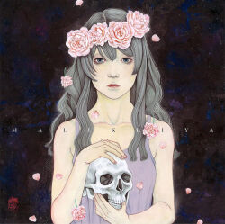 1girl album_cover bare_shoulders camisole commentary_request cover expressionless flower flower_wreath grey_eyes grey_hair highres holding holding_skull ijichi_akiko long_hair looking_at_viewer malikliya painting_(medium) petals pink_flower pink_rose rose second-party_source skull solo traditional_media upper_body